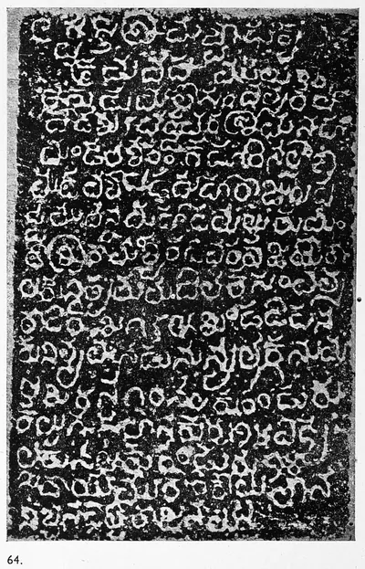 Ink impression of an inscribed stone, white Telugu letters on a mottled black ground, sixteen lines numbered 2 to 16.