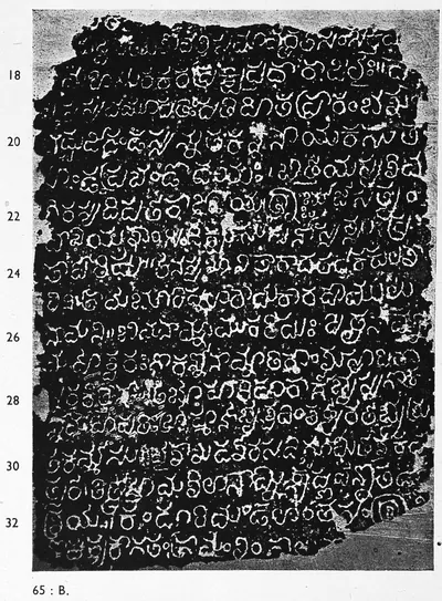 Ink impression of an inscribed stone, white Telugu letters on black, lines numbered 18 to 32, edges broken.