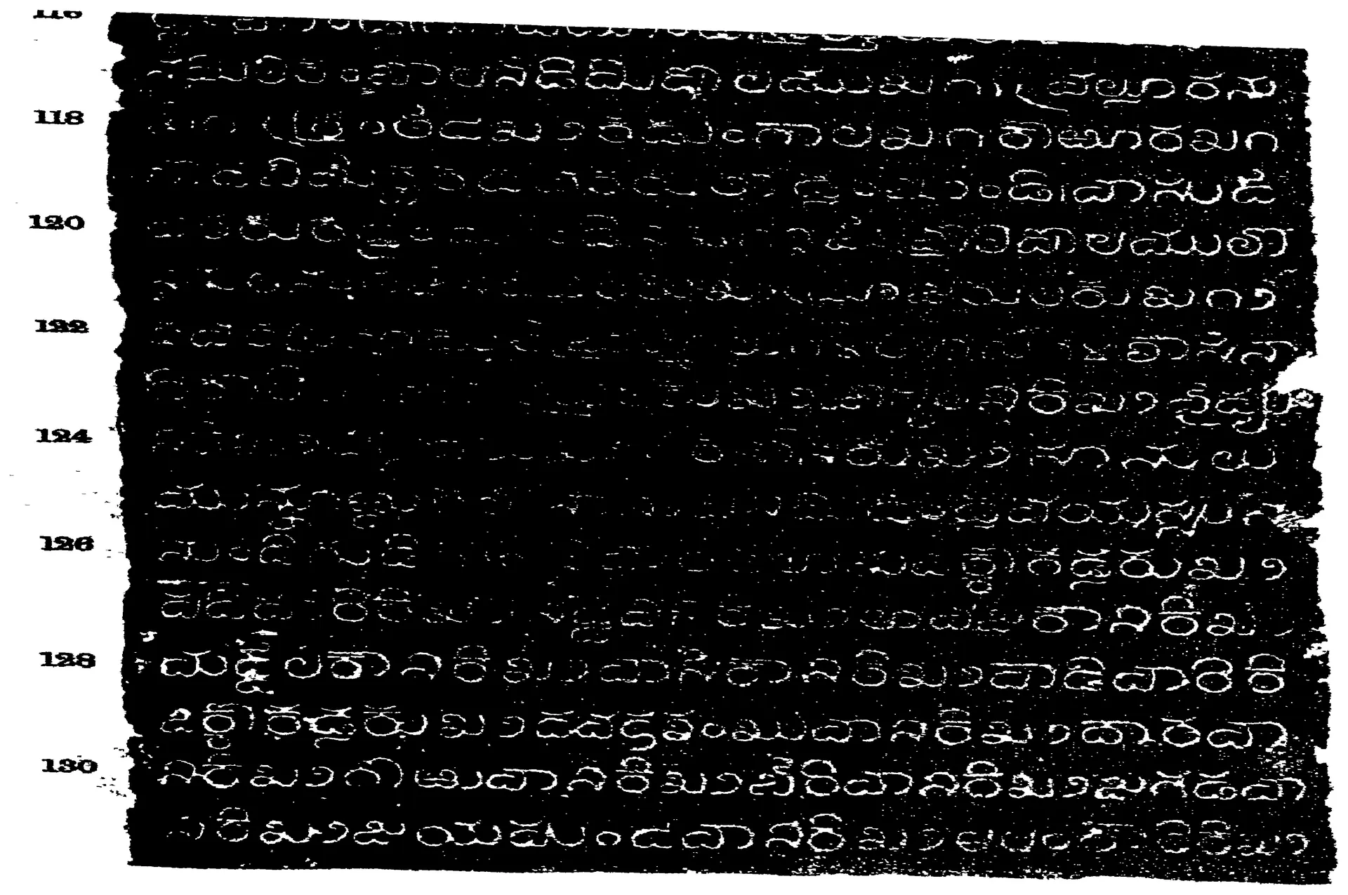 Ink impression of a further face of the inscribed pillar, white Telugu letters on black, sixteen lines with line numbers 118 to 130 in the left margin; the first line is cut off at the top.
