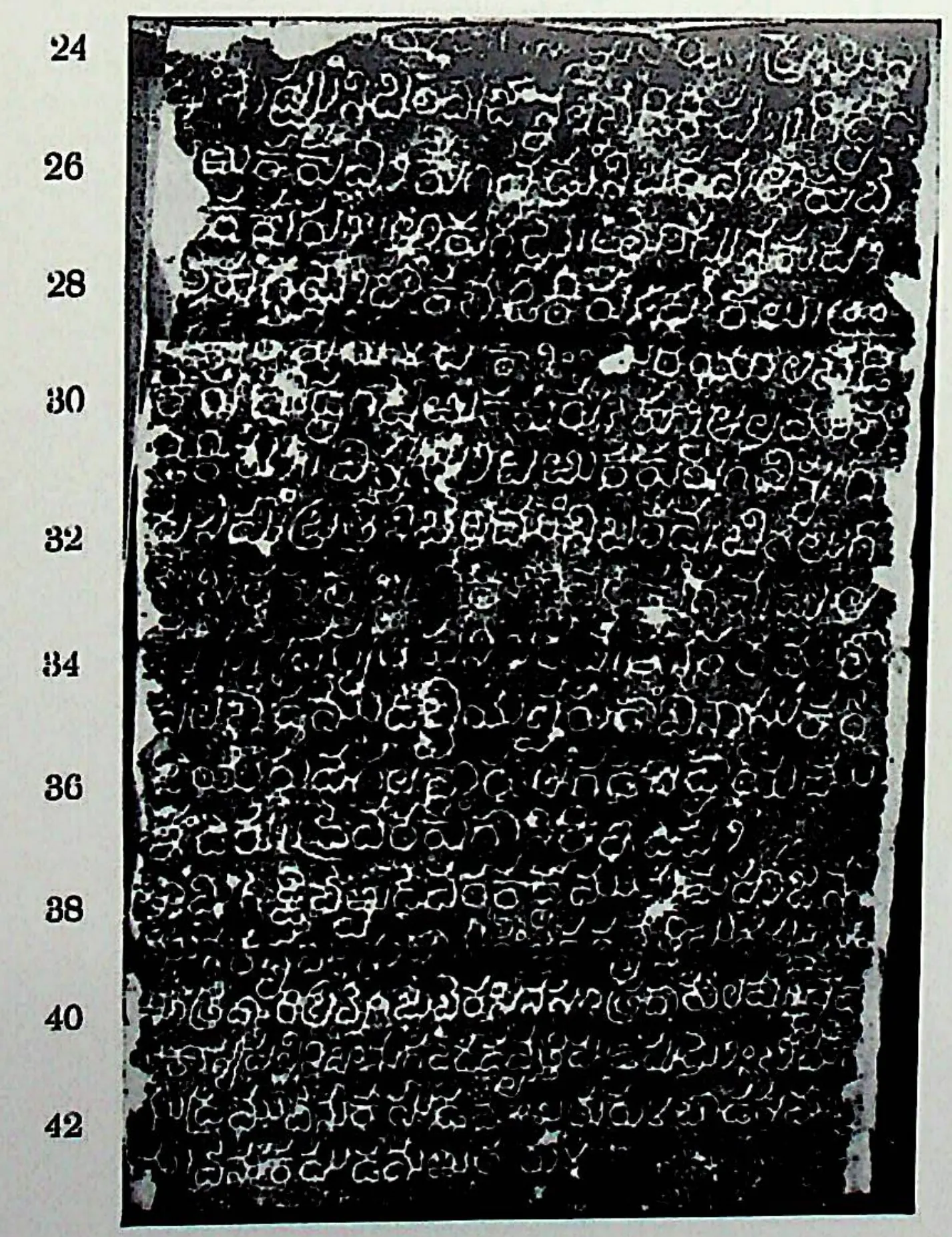Ink impression of the second side of the inscribed stone, white letters on black, lines numbered 24 to 42, creased estampage.