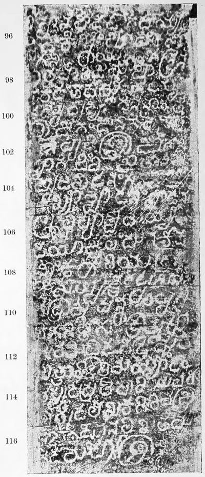 Ink impression of the fourth face of the inscribed pillar from Bodhan: a tall column of Old Kannada letters, white on black, with line numbers printed in the margin.