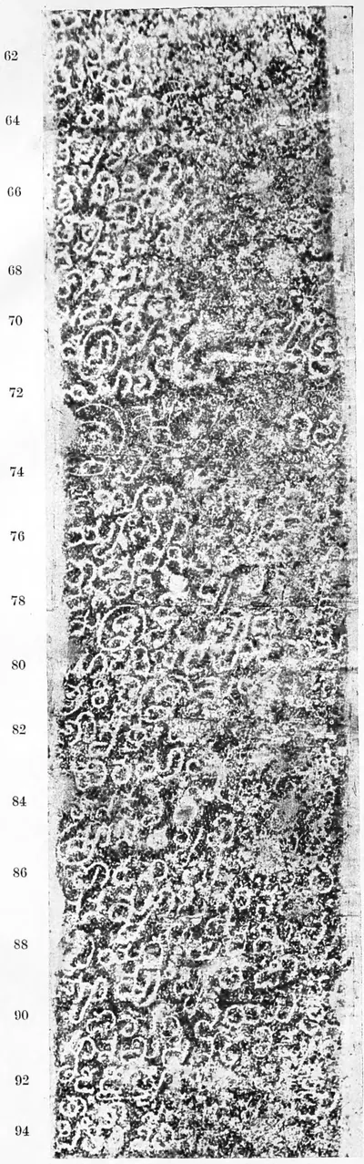 Ink impression of the third face of the inscribed pillar from Bodhan: a tall column of Old Kannada letters, white on black, with line numbers printed in the margin.