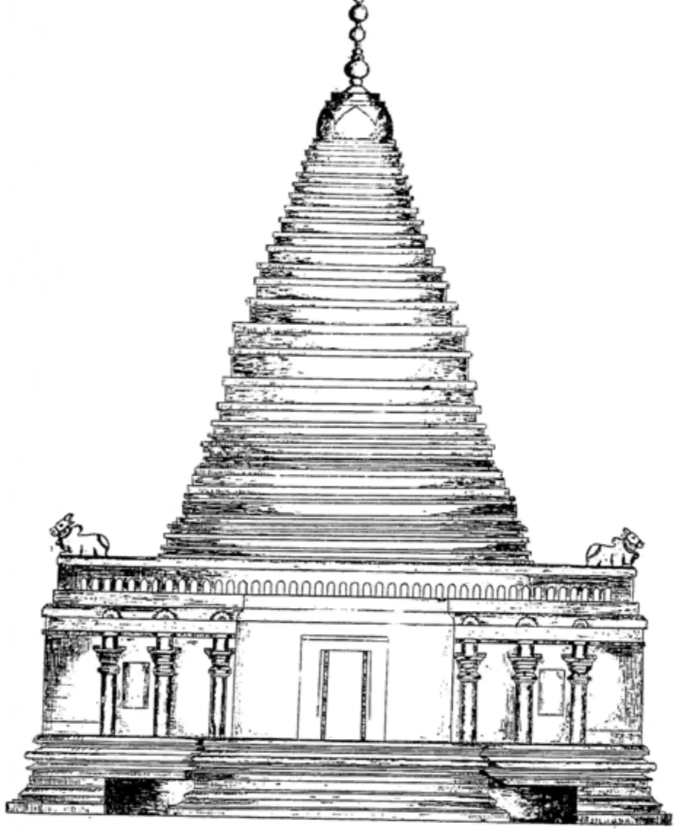 Line drawing of the front of the Bhimesvara temple at Vemulavada: a pillared porch on a high base, with a tall stepped pyramidal tower rising behind it to a pot finial.