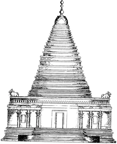 Line drawing of the front of the Bhimesvara temple at Vemulavada: a pillared porch on a high base, with a tall stepped pyramidal tower rising behind it to a pot finial.