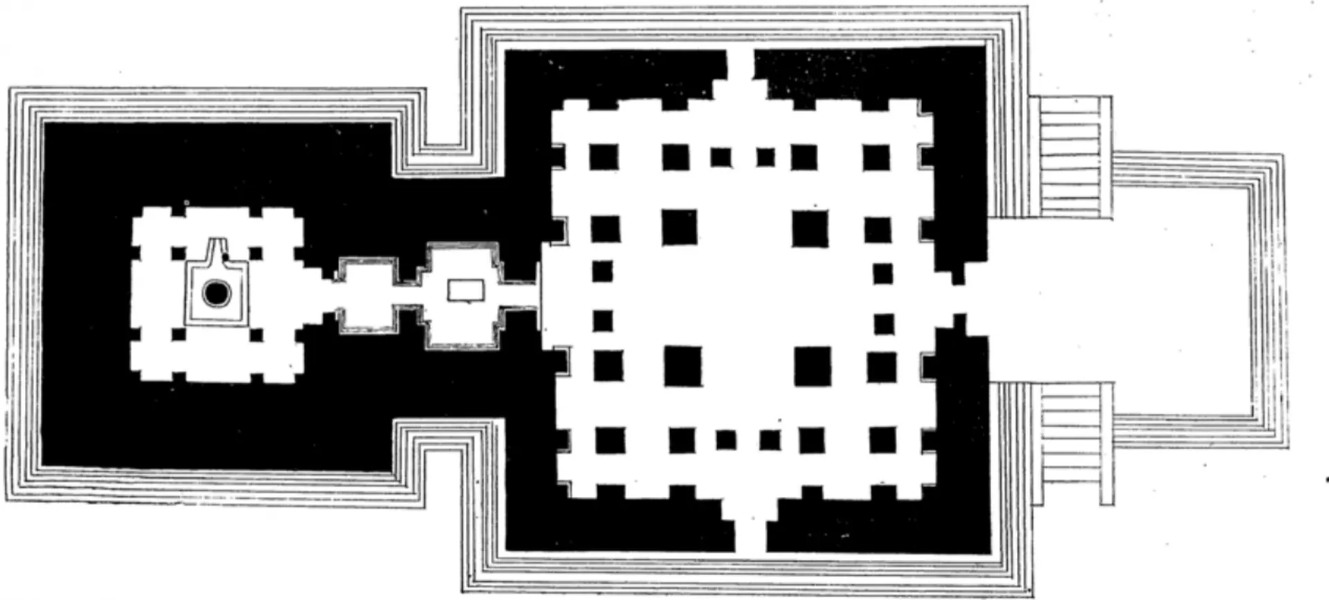 Ground plan of the Bhimesvara temple: a small square shrine at left joined by a passage to a large pillared hall with porches, the walls shown solid black.