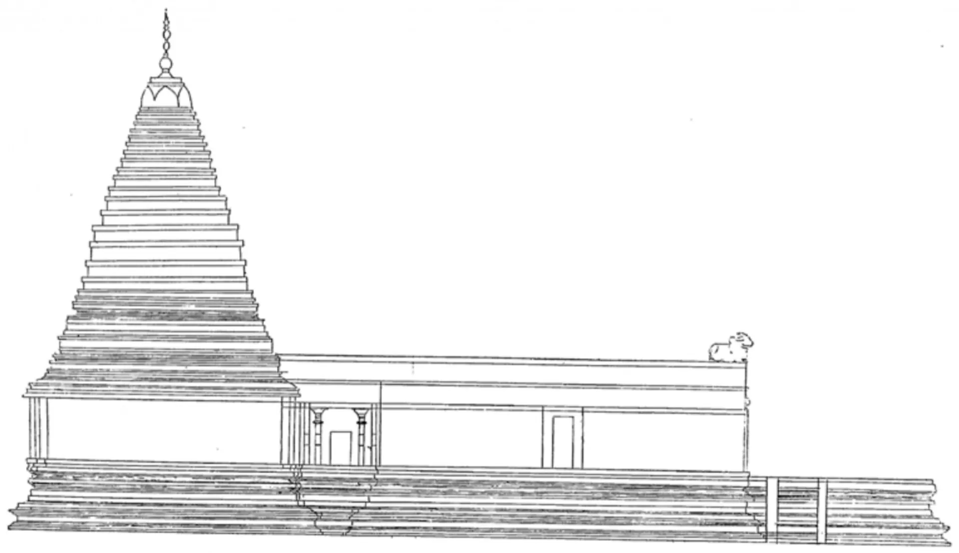 Line drawing of the side of the Bhimesvara temple: the stepped tower over the shrine at left and a long low flat-roofed hall extending to the right.