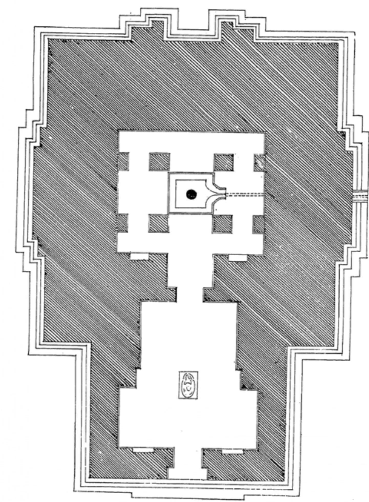 Plan of the Kedaresvara temple: a shrine and hall drawn in outline inside a hatched, stepped platform.