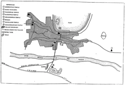 Sketch plan of Vemulavada village: the built-up area shaded beside a large tank to the north, a river running across the south, roads and numbered temples marked, with a key at upper left.
