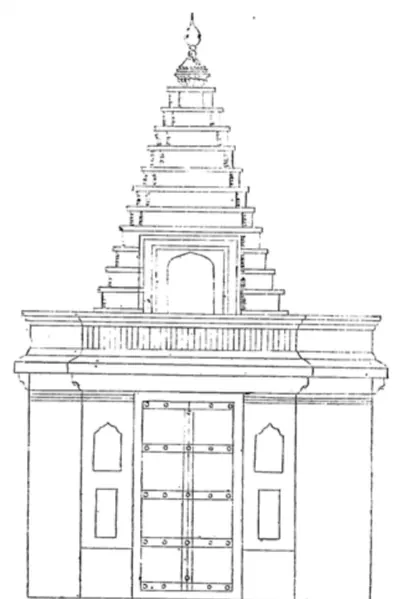 Line drawing of a temple gateway: a doorway with panelled doors under a storeyed tower with a small finial.