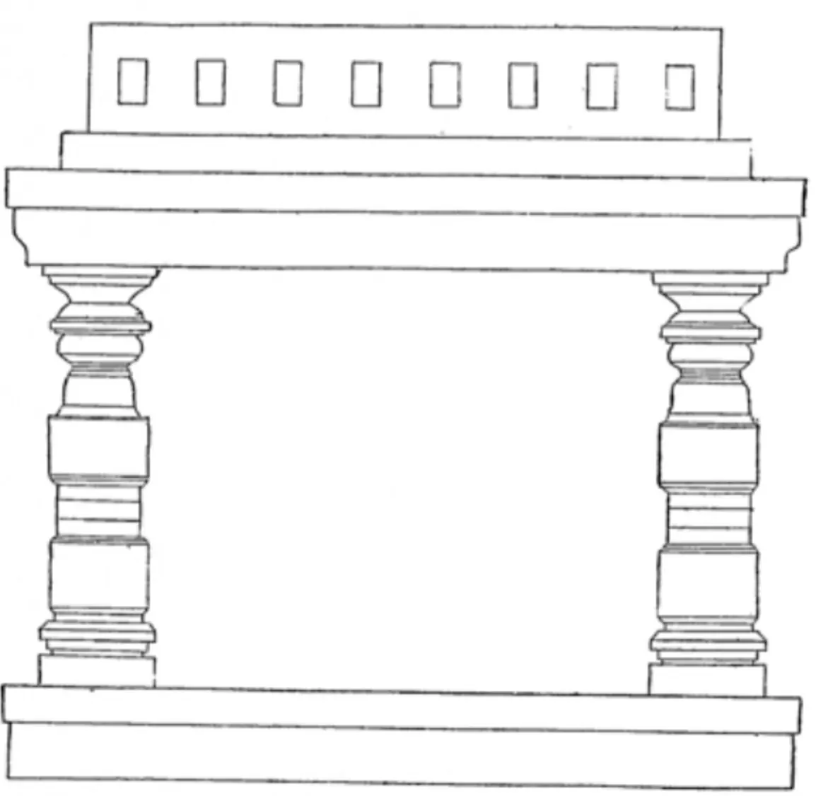 Line drawing of the front of an open pavilion: two turned and moulded pillars on a plinth carrying a flat roof with a panelled parapet.