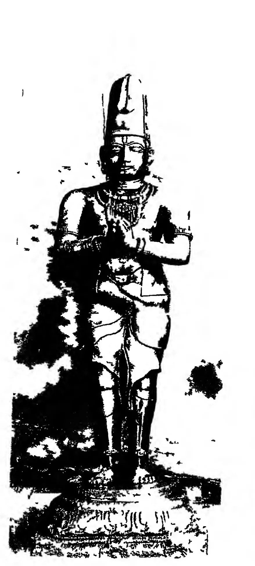 High-contrast halftone of a standing stone figure of a king with a tall crown, hands joined, on a base. Printed sideways.