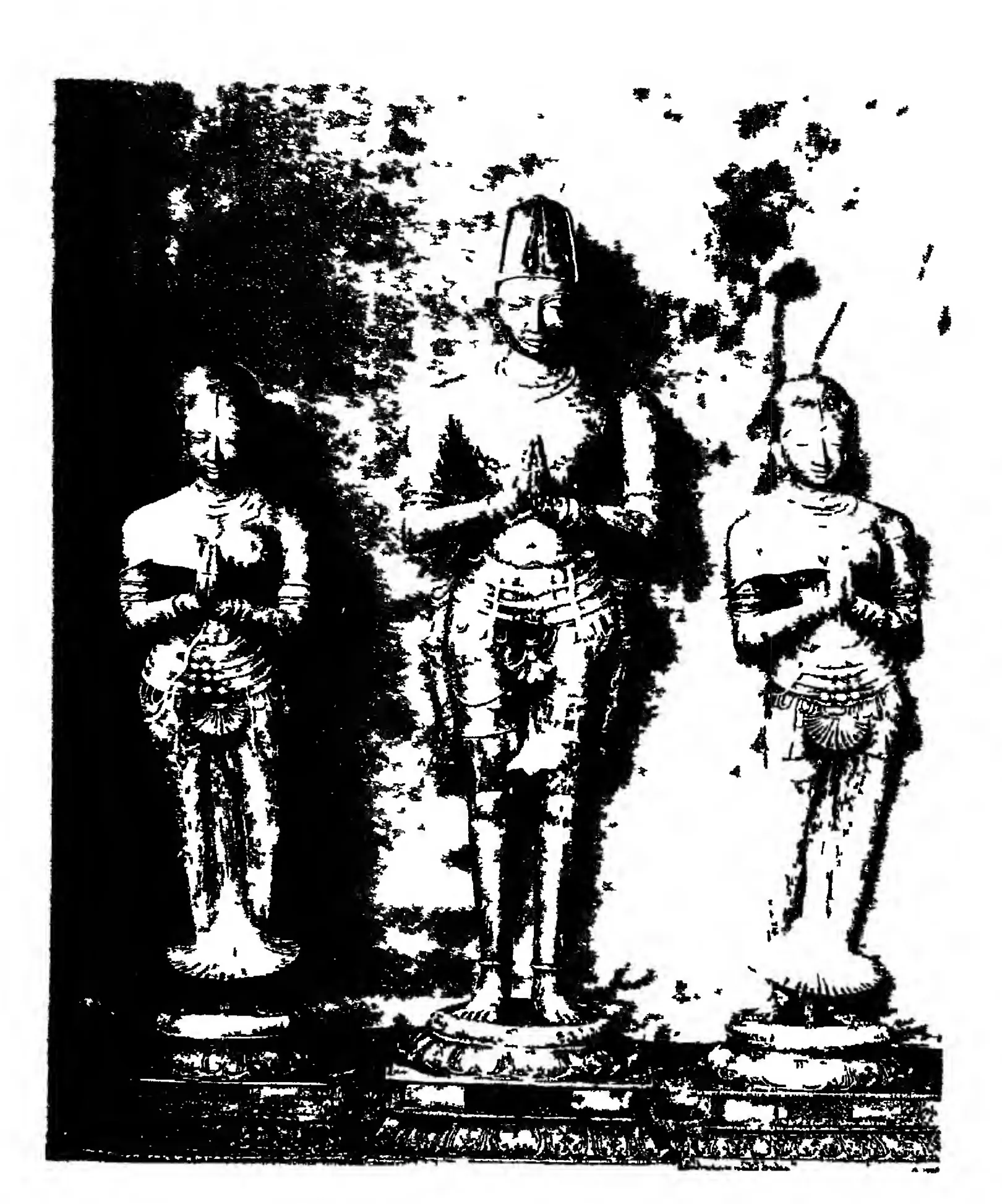 High-contrast halftone of three standing statues with joined hands on pedestals: a crowned king in the middle between two queens, against a dark background. Printed sideways.
