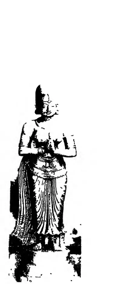 High-contrast halftone of a standing stone figure of a queen in a pleated garment, hands joined. Printed sideways.