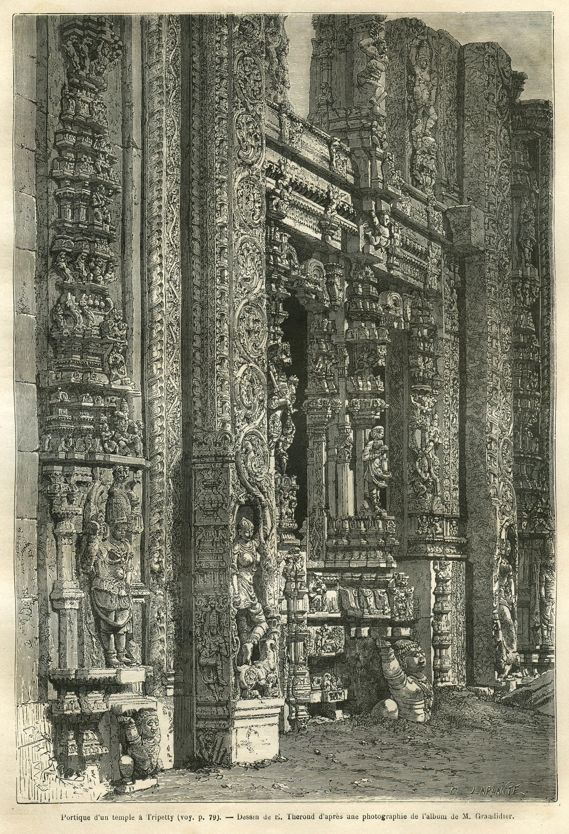 Wood engraving of the deeply carved stone jambs and pillars of a temple gateway at Tirupati, with small figures at its foot.