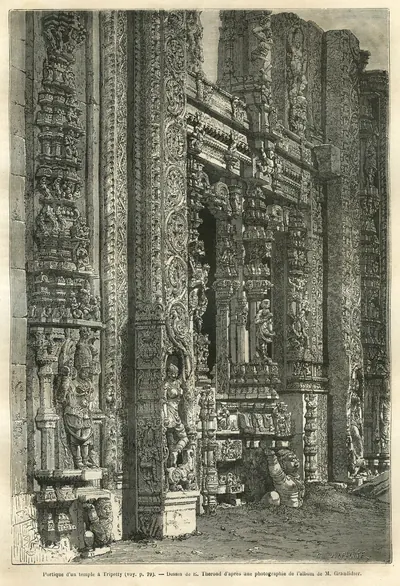 Wood engraving of the deeply carved stone jambs and pillars of a temple gateway at Tirupati, with small figures at its foot.