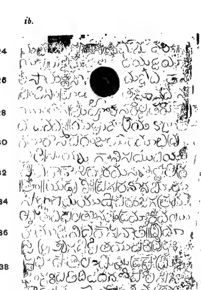 Ink impression of side i b of a copper plate of the Bitragunta grant: rows of Telugu letters, the line numbers in the margin and the ring hole at one end. Turned so that the lines run across.