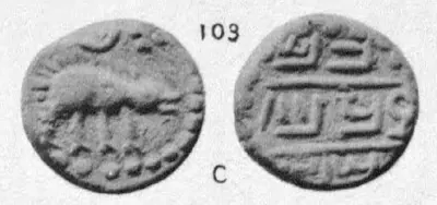 Photograph of the two sides of a copper coin: a boar facing right with a sword and the sun above on one side, three lines of Nagari letters on the other; number 103 above, C (copper) below.
