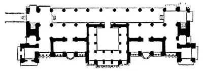 Architectural plan of the ground floor of the Chandragiri palace: a long rectangle of piers and rooms with a central hall and stairs, with a scale.