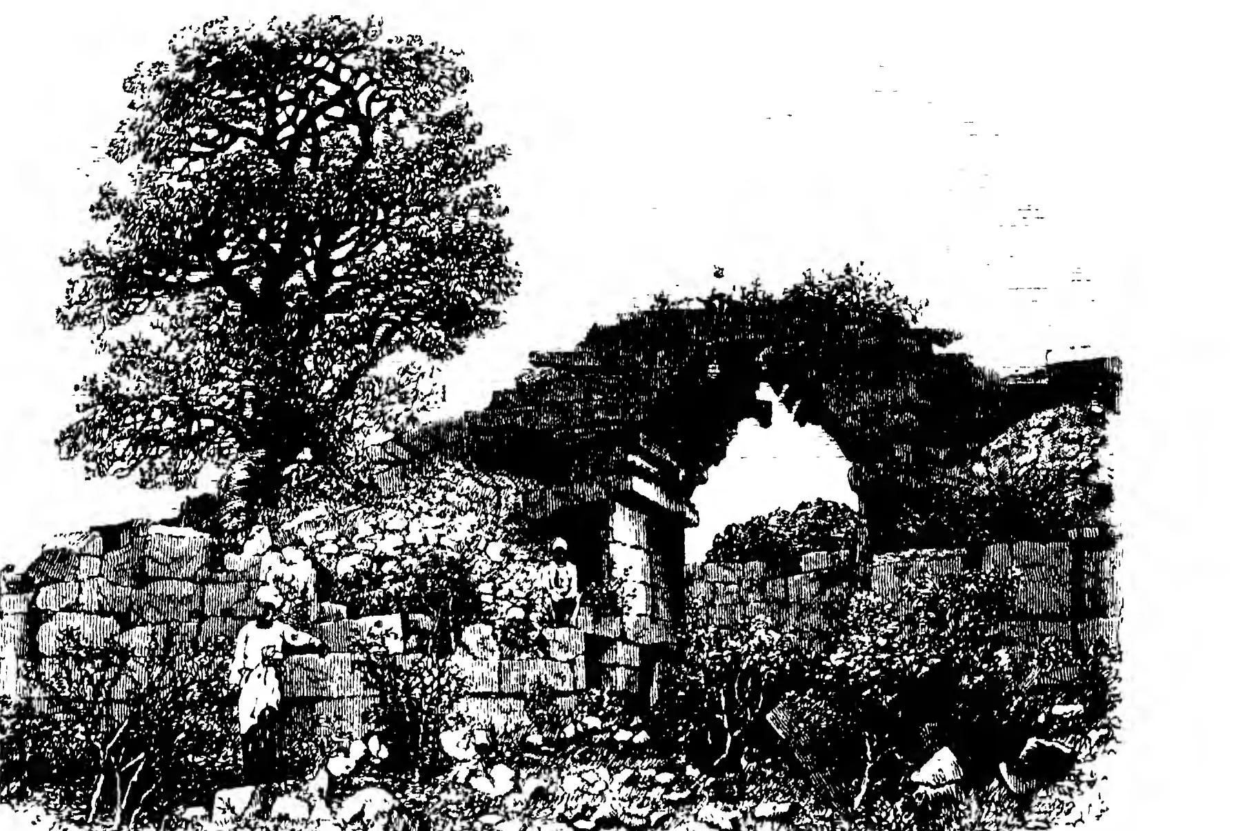 Woodcut of a ruined stone gateway of corbelled blocks in the walls of Vijayanagara, with a large tree beside it.