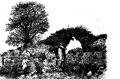 Woodcut of a ruined stone gateway of corbelled blocks in the walls of Vijayanagara, with a large tree beside it.