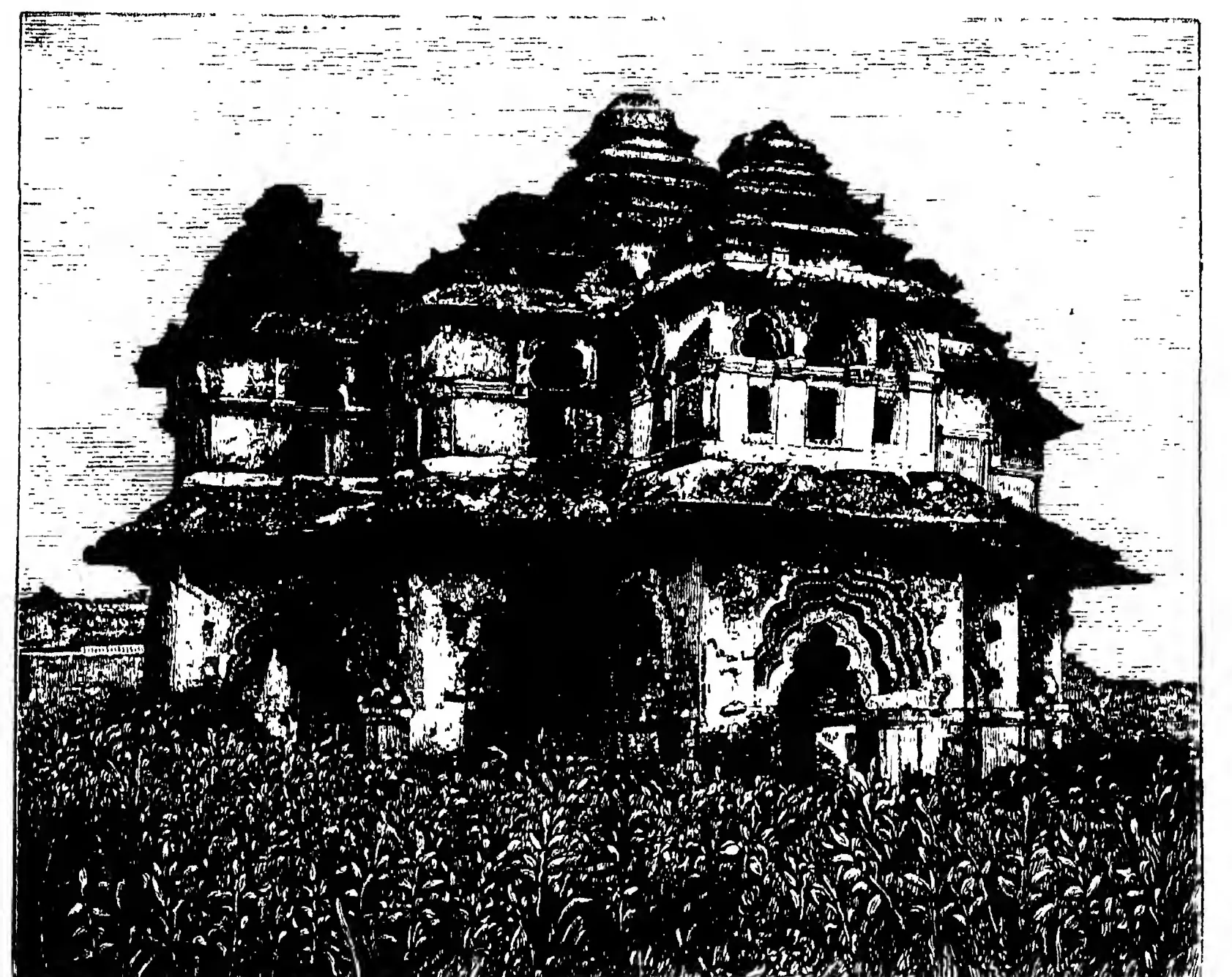 Woodcut of a two-storeyed pavilion with cusped arches and pyramidal roofs at Hampi, with trees around.