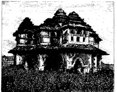 Woodcut of a two-storeyed pavilion with cusped arches and pyramidal roofs at Hampi, with trees around.
