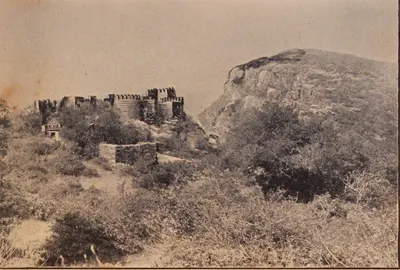Photograph of crenellated fort walls and bastions on a scrub-covered rise below a bare rocky summit.