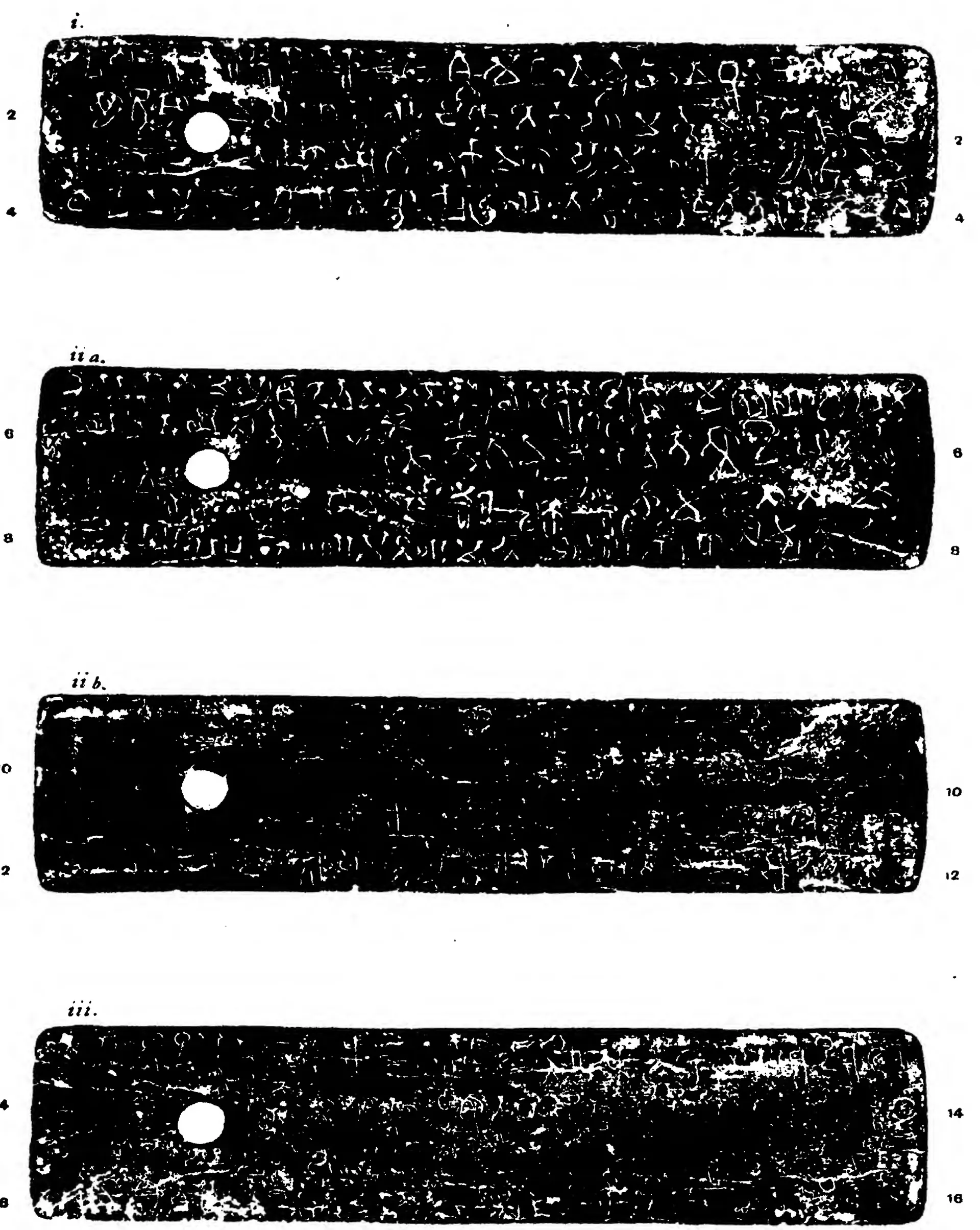 Facsimile of four long, narrow copper-plate sides shown almost solid black, each with a white ring-hole near the left end; worn, broken white letters in two or three lines on each, labelled i, ii a, ii b and iii, with line numbers 2 to 16.