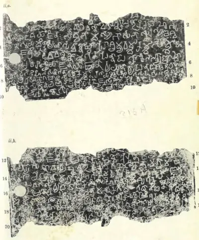 Photograph of two sides of a copper plate with ragged, broken edges and a round ring-hole at the left, densely covered with white southern Brahmi letters on a mottled dark ground; labelled ii a and ii b, with line numbers 2 to 20.