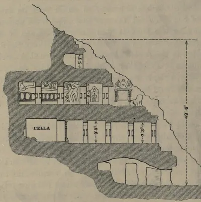 Engraved section through the Undavalli rock-cut temple: storeys of pillared halls cut into a hatched rock mass that slopes up to the right, the cella on the main floor marked CELLA, sculptured panels above, and a vertical dimension line of 49 feet 6 inches.