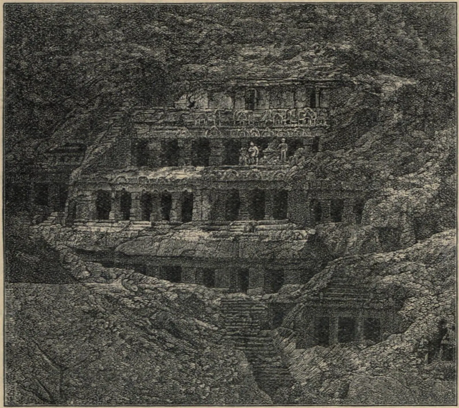 Wood engraving of the rock-cut temple at Undavalli: a hillside cut into stacked storeys of pillared verandas, with a rocky slope and steps below and rough rock above.