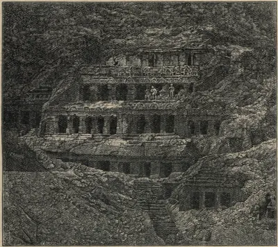 Wood engraving of the rock-cut temple at Undavalli: a hillside cut into stacked storeys of pillared verandas, with a rocky slope and steps below and rough rock above.