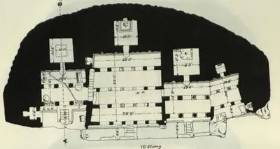 Measured plan of the Undavalli rock-cut temple, with the surrounding rock shown solid black: the first storey: a central pillared hall with smaller halls either side, small shrine cells cut back into the rock, measured dimensions, and the section line A-B.