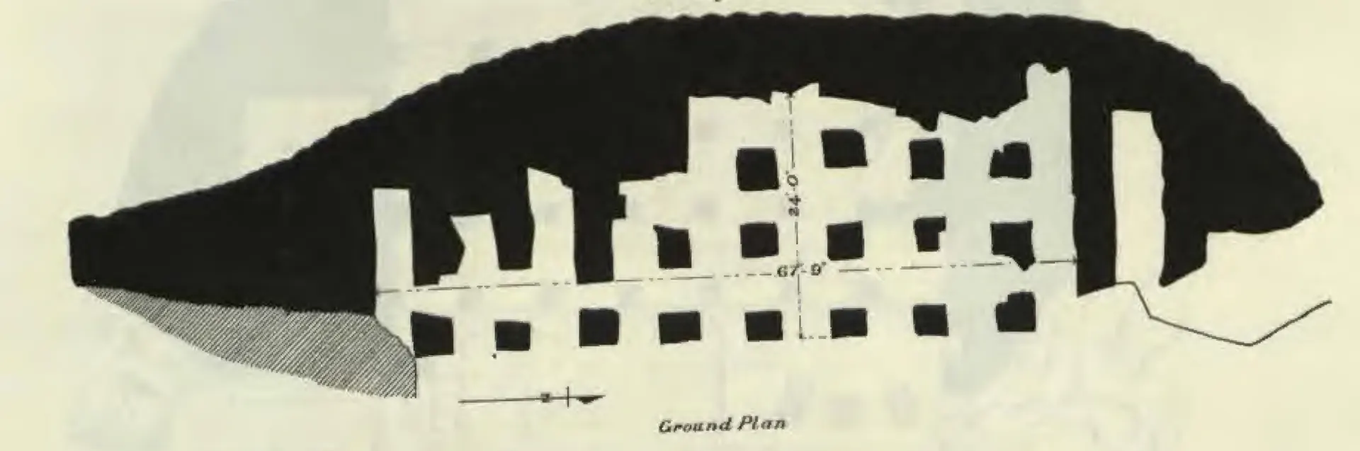 Measured plan of the Undavalli rock-cut temple, with the surrounding rock shown solid black: the ground floor: rows of square rock pillars left standing in an unfinished excavation, with a dimension of 67 feet 9 inches and a north arrow.