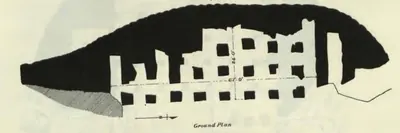 Measured plan of the Undavalli rock-cut temple, with the surrounding rock shown solid black: the ground floor: rows of square rock pillars left standing in an unfinished excavation, with a dimension of 67 feet 9 inches and a north arrow.