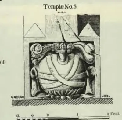 Line drawing of a carved block: a round pot standing on a lotus base, bound across with a band and topped by curling foliage, set below two triangular motifs; a ground line and a scale in feet underneath.