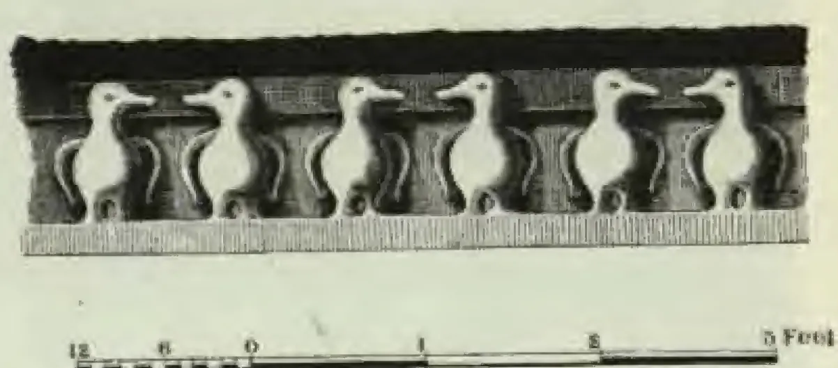 Line drawing of a carved frieze with a row of six geese (hamsa) facing left, standing between curved brackets under a projecting moulding, with a scale in feet below.