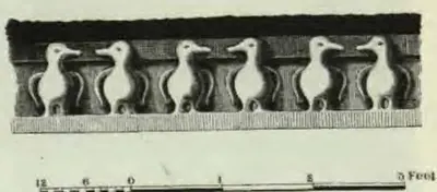 Line drawing of a carved frieze with a row of six geese (hamsa) facing left, standing between curved brackets under a projecting moulding, with a scale in feet below.