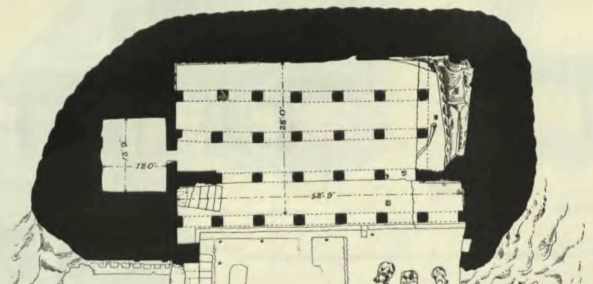 Measured plan of the Undavalli rock-cut temple, with the surrounding rock shown solid black: the second storey: a large hall of four rows of square pillars, a small cell at one end and the sanctuary with the reclining figure at the other.
