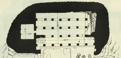 Measured plan of the Undavalli rock-cut temple, with the surrounding rock shown solid black: the second storey: a large hall of four rows of square pillars, a small cell at one end and the sanctuary with the reclining figure at the other.