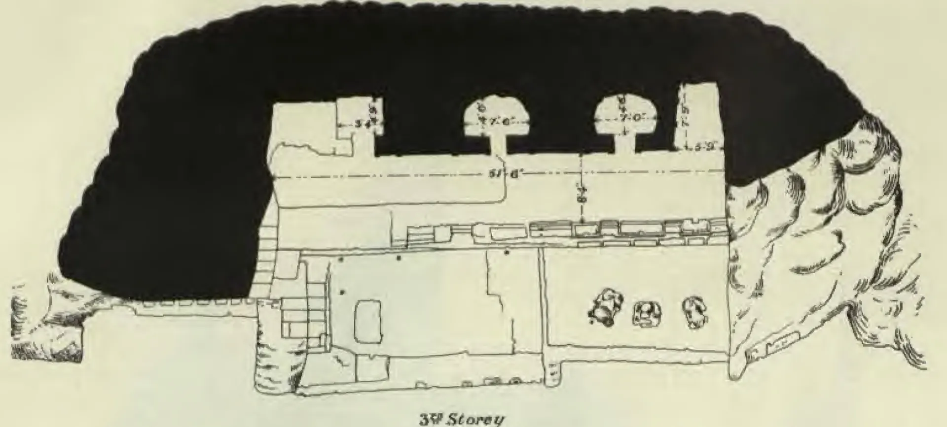 Measured plan of the Undavalli rock-cut temple, with the surrounding rock shown solid black: the unfinished top storey: an open terrace in front of a closed hall with three doorways to small rock-cut cells.