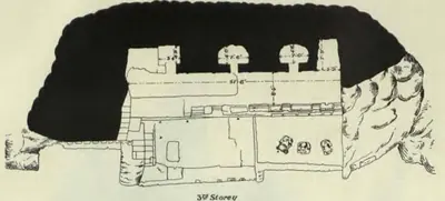 Measured plan of the Undavalli rock-cut temple, with the surrounding rock shown solid black: the unfinished top storey: an open terrace in front of a closed hall with three doorways to small rock-cut cells.