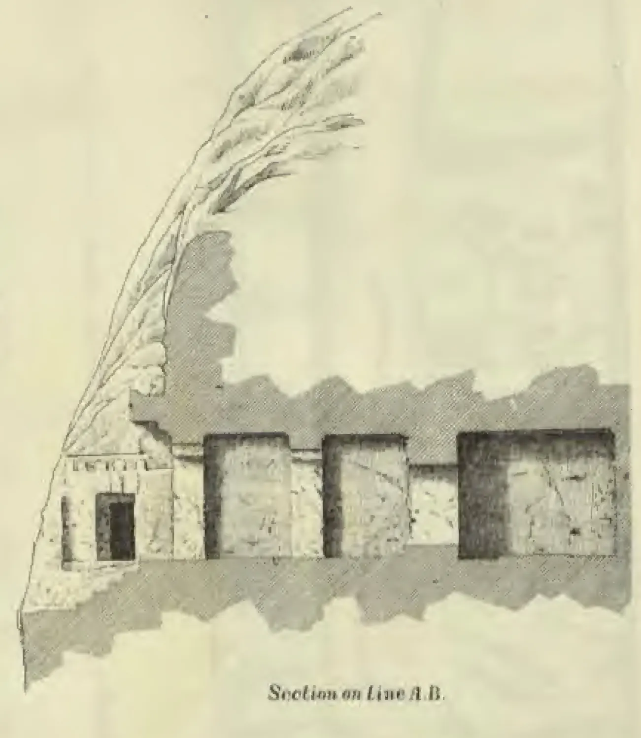 Drawn section through the side of the Undavalli rock-cut temple, the cut rock shaded grey: three storeys of chambers stepping back up the slope of the hill, with the hill outline sketched above.