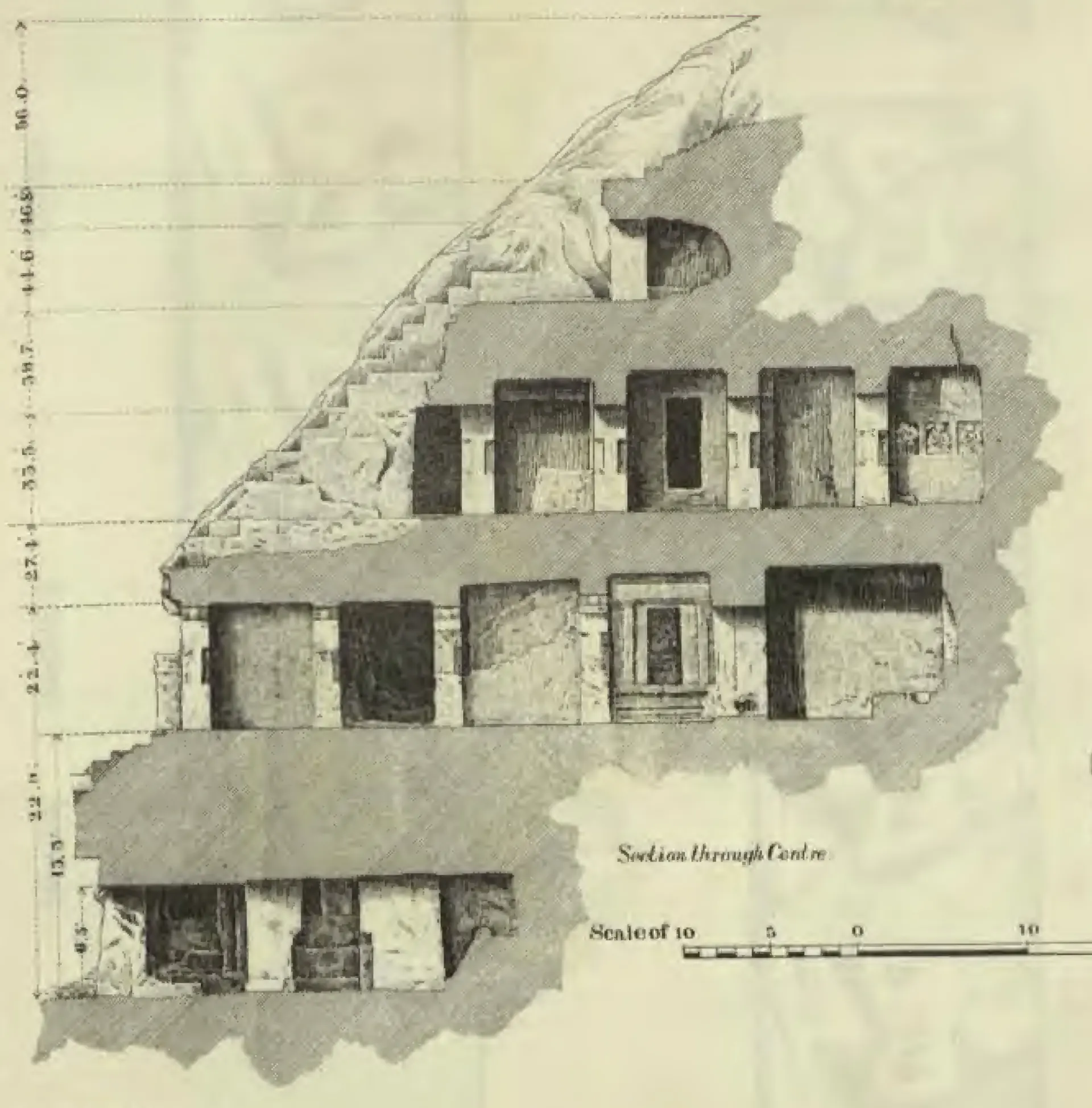 Drawn section through the centre of the Undavalli rock-cut temple: four storeys of pillared halls cut into the grey-shaded rock, stepping back up the hillside, with height dimensions at the side and a scale of feet.