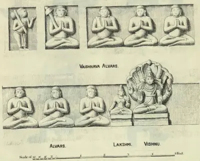 Drawing of two rows of carved panels: above, a standing figure with a club and four seated figures with joined hands; below, three seated figures with joined hands beside a smaller seated goddess and a seated Vishnu under a many-headed serpent hood; labels and a scale in feet.
