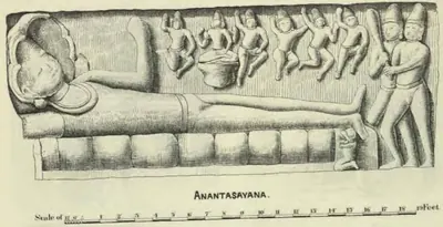 Drawing of the colossal relief of Vishnu reclining on the coils of the serpent, his head at the left under the serpent hoods, a row of small flying and seated figures above his body and two standing figures with clubs at his feet; a scale in feet below.