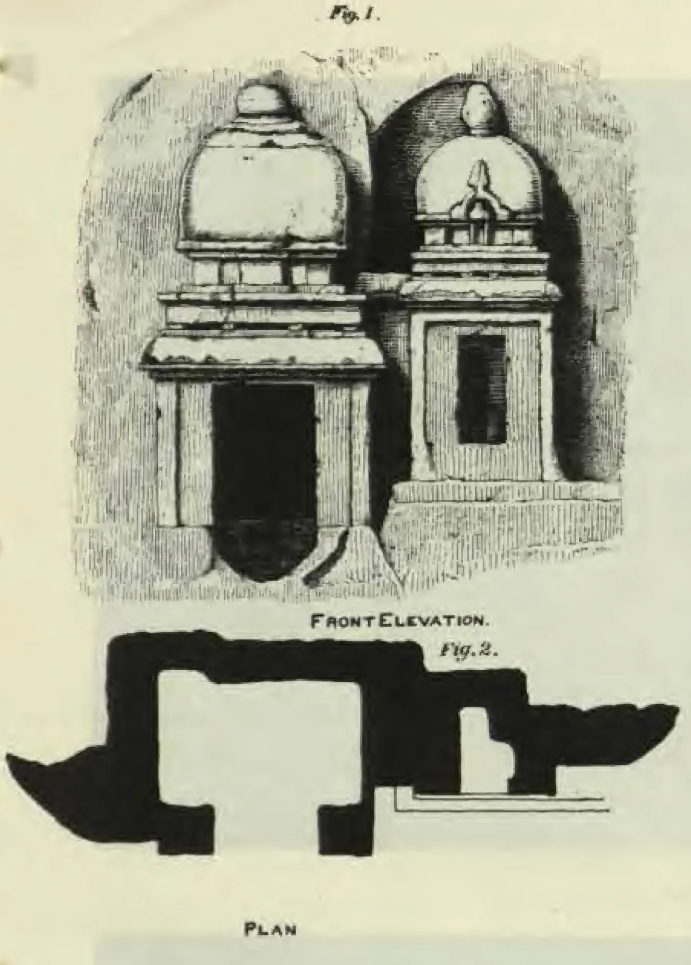 Drawing of a front elevation and, below it, the plan (solid black) of miniature rock-cut shrines on the Undavalli hill: two small shrines side by side, one with a domed roof and an open doorway, the other with a smaller dome and a recessed panel.