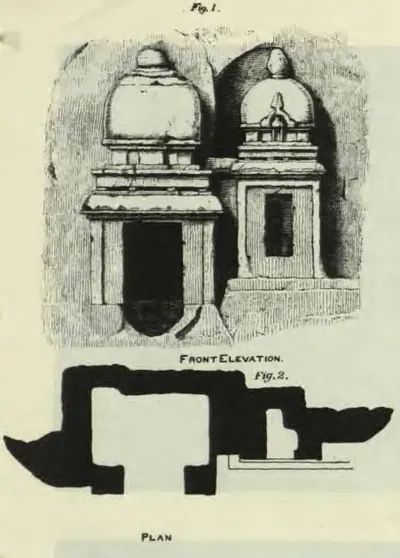 Drawing of a front elevation and, below it, the plan (solid black) of miniature rock-cut shrines on the Undavalli hill: two small shrines side by side, one with a domed roof and an open doorway, the other with a smaller dome and a recessed panel.