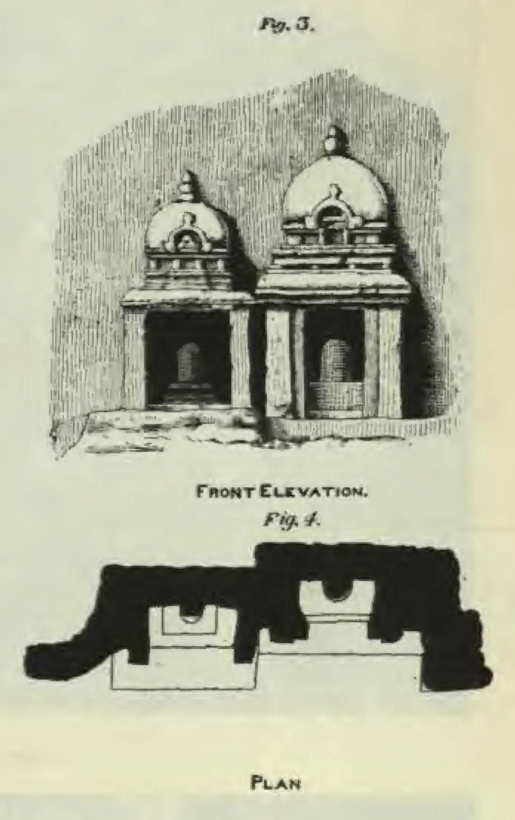 Drawing of a front elevation and, below it, the plan (solid black) of miniature rock-cut shrines on the Undavalli hill: a pair of small domed shrines with pillared fronts.