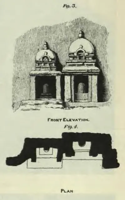 Drawing of a front elevation and, below it, the plan (solid black) of miniature rock-cut shrines on the Undavalli hill: a pair of small domed shrines with pillared fronts.
